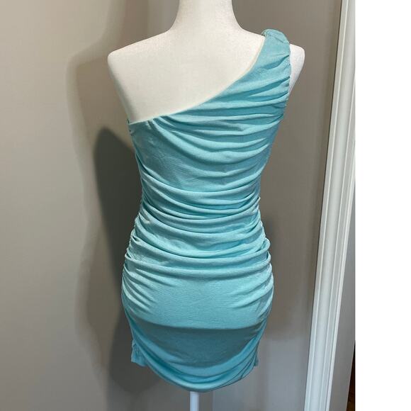 Hello Molly Vlogger Mini Dress Aqua One Shoulder Ruched NWT Sz 8 Body Con Flirty - Picture 4 of 12